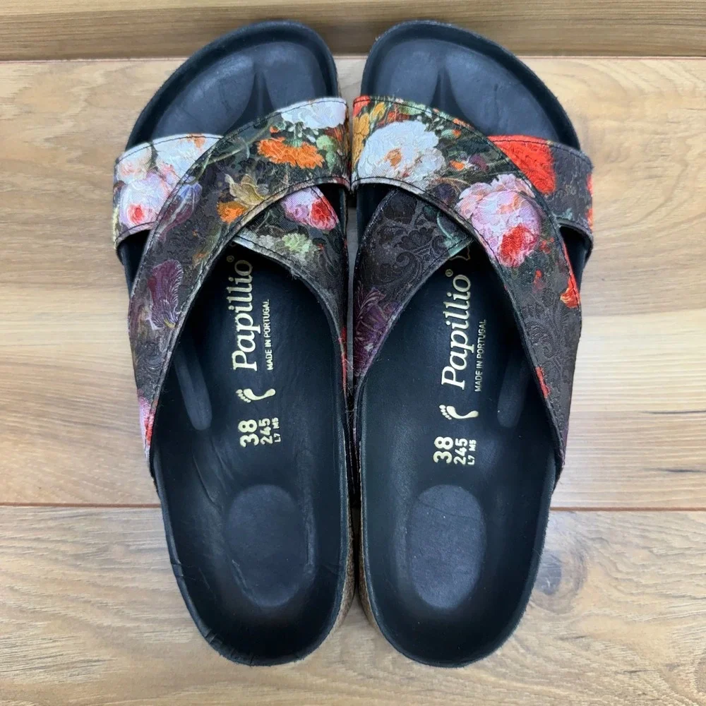 Birkenstock Papillio Daytona Floral Sandals 7 N EU 38 Black Cross Strap Slides - Picture 8 of 10
